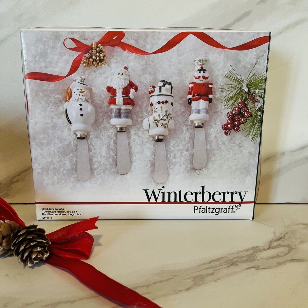 Pfaltzgraff Winterberry Christmas Ceramic Cheese Dip Jam Spreaders Set 4 NIB